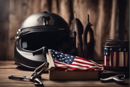 American flag, helmet and tools on wooden background. Vintage style.の写真素材
