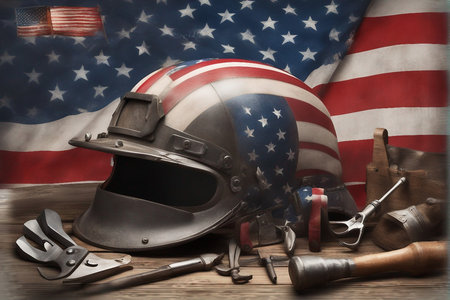 Helmet, tools and american flag on a wooden background.の写真素材