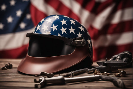 Helmet with American flag on wooden background. Selective focus.の写真素材