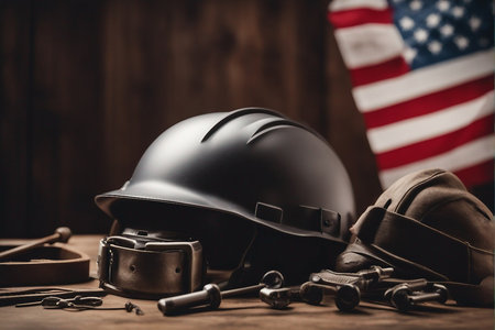 Helmet and tools on a wooden table. American flag in the background.の写真素材