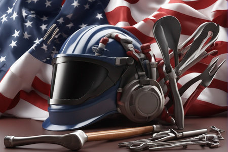 Helmet, headphones and tools on a background of the American flagの写真素材