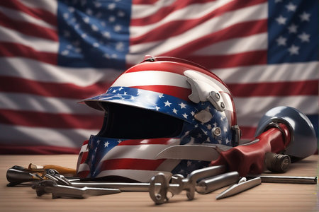 American helmet with different tools on the background of the USA flag.の写真素材