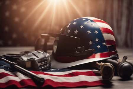Helmet of the American flag and a camera on a wooden background.の写真素材