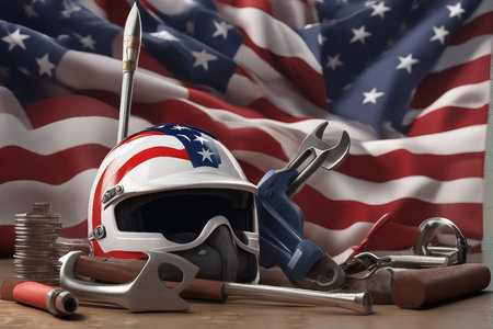 Helmet and construction tools on the background of the American flag.の写真素材