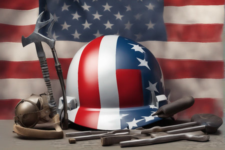 Helmet and construction tools on the background of the American flag.の写真素材