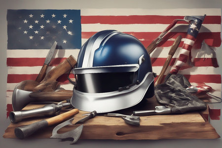 Hardhat and tools on a wooden board. American flag background.の写真素材