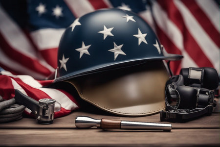 American football helmet on the background of the American flagの写真素材