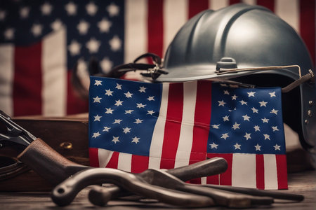 Helmet with American flag on wooden background. Selective focus.の写真素材