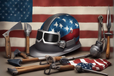 Helmet, ax, hammer and other tools on American flag backgroundの写真素材