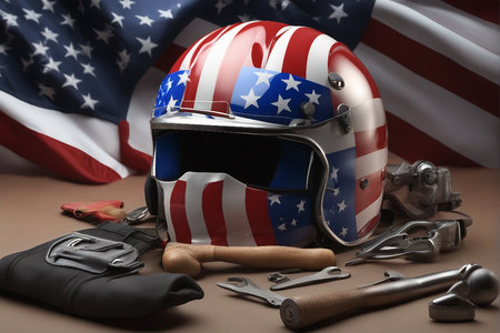 Helmet, gloves, tools and USA flag on a brown backgroundの写真素材