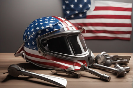 Helmet and tools on a wooden table against the background of the American flagの写真素材