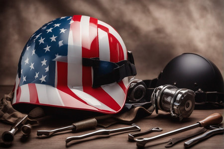 Helmet with American flag and tools on wooden background. Selective focus.の写真素材