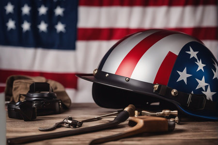 Labor day concept with helmet and tools on wooden table. Selective focus.の写真素材
