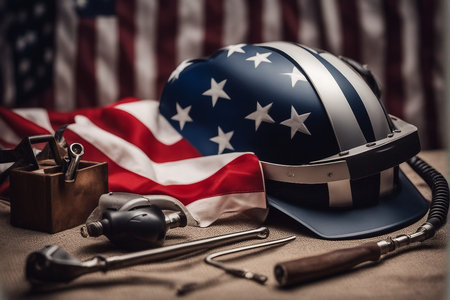 American flag, hard hat and other tools. Labor day concept.の写真素材