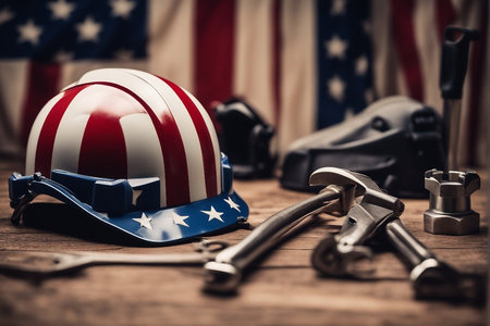 Helmet with American flag and construction tools on a wooden table.の写真素材