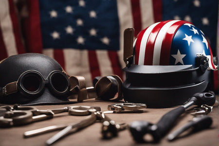 Helmet and tools on a wooden table. Flag in the background.の写真素材