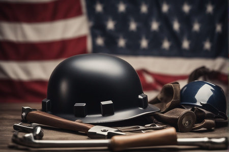 Helmet, tools and american flag on wooden background. Labor day concept.の写真素材