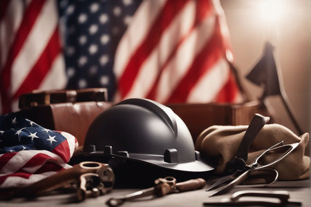 American Labor Day concept with helmet, tools and american flag.の写真素材