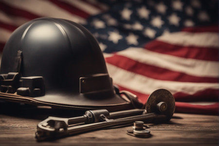 American flag and helmet on wooden background. American labor day concept.の写真素材