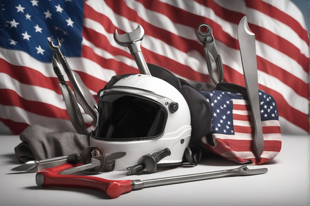 Motorcycle helmet, tools and American flag on a white background.の写真素材