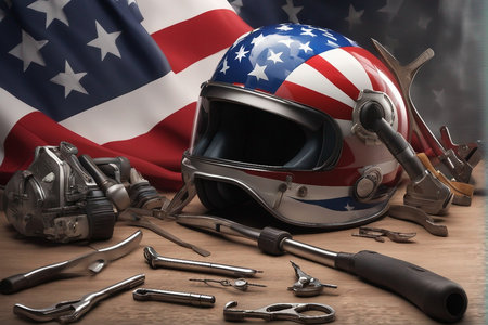 Motorcycle helmet, tools and American flag on a wooden background.の写真素材
