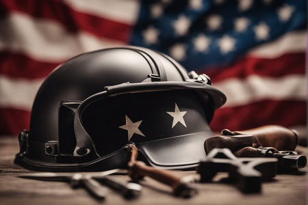 Helmet and gun on the background of the flag of the United Statesの写真素材
