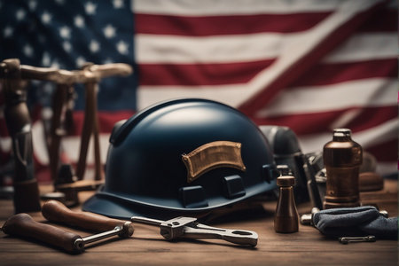 Hard hat and tools on a wooden table. Selective focus.の写真素材