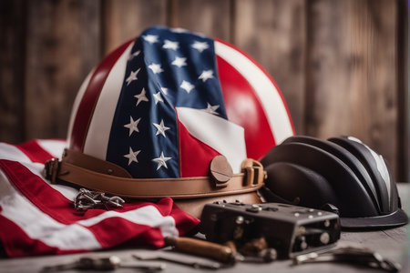 American flag, helmet and other equipment on a wooden background. Selective focus.の写真素材