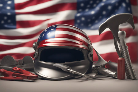 American construction concept. Helmet and tools on the American flag background.の写真素材