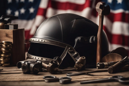 American military helmet and tools on wooden background. Selective focus.の写真素材