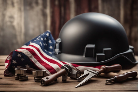 American flag, helmet and tools on wooden background. Labor day concept.の写真素材