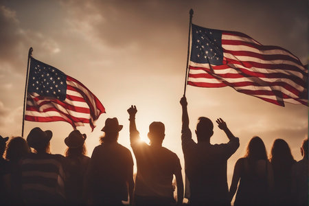 Silhouettes of people holding the American flag on the sunset backgroundの写真素材