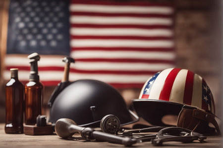 Helmet with US flag and keys on wooden table. Selective focus.の写真素材