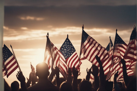 Crowd of people with the american flag on the sunset backgroundの写真素材
