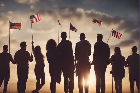 Silhouettes of a group of people holding the flags of the United Statesの写真素材