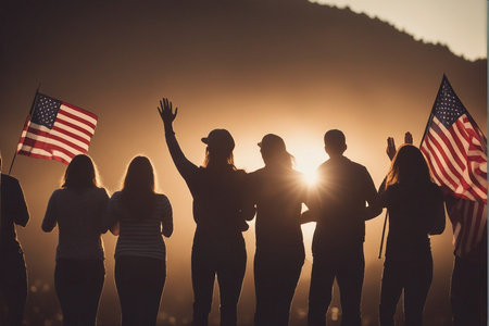 Silhouette of group of people holding american flag at sunsetの写真素材