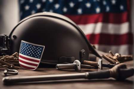 American labor day concept with helmet, tools and american flag.の写真素材