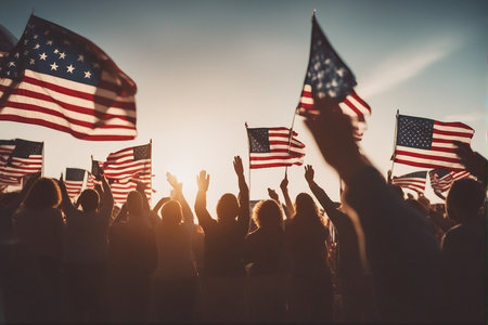 Group of people holding american flags on the background of the sunsetの写真素材