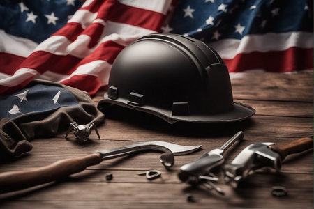 Helmet, tools and American flag on wooden background. Labor day concept.の写真素材