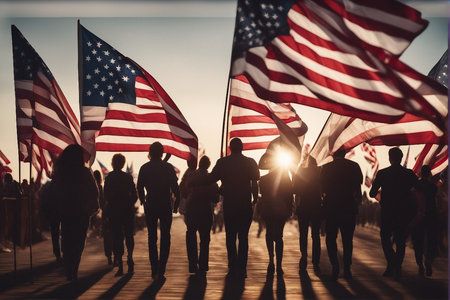 Silhouette of a group of people with the american flagの写真素材