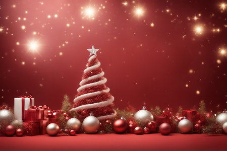 Christmas tree on red background with gift boxes and red baublesの写真素材