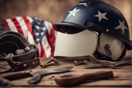 Helmet with American flag on a wooden background. Selective focus.の写真素材