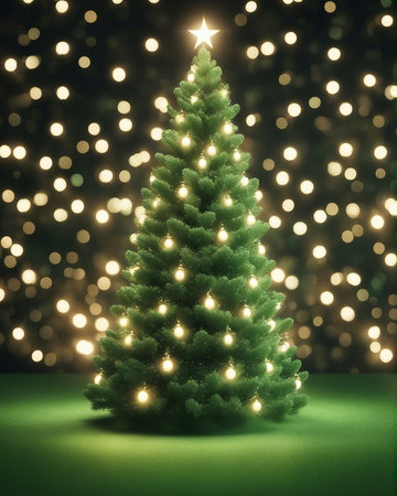 Christmas tree with bokeh lights on background. 3d renderingの写真素材
