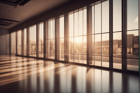Perspective view of empty office with glass wall and reflections. 3d renderingの写真素材