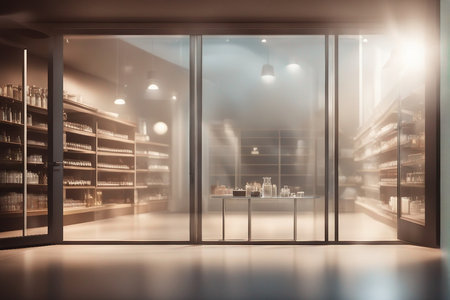 Interior of modern pharmacy with glass walls, concrete floor and rows of shelves with medicines. 3d rendering toned imageの写真素材