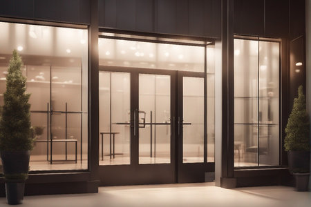Glass door in modern office building. 3d rendering mock up toned imageの写真素材
