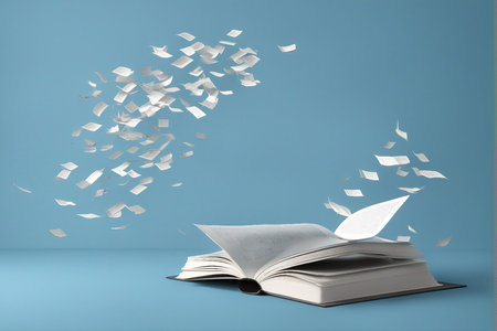 Open book with flying sheets of paper on blue background. 3d renderingの写真素材