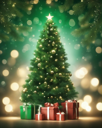 Christmas tree with gifts on bokeh background, 3d renderの写真素材