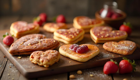 Homemade heart shaped pancakes with strawberries and pine nuts on wooden background