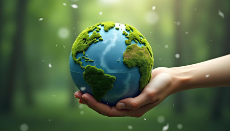 Close up of human hands holding Earth planet. Elements of this image are furnished by NASAの写真素材